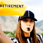 A person wearing a black and white striped shirt and a black cap blows a whistle and holds up a yellow card. The background shows a blurred outdoor landscape with mountains. The words "EARLY RETIREMENT" are written in bold towards the top left of the image.