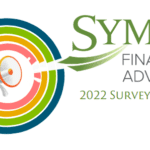 Logo of SYM Financial Advisors featuring concentric circles in green, blue, yellow, and red. Overlapping the circles is a white megaphone emitting sound waves. Text reads “SYM Financial Advisors 2022 Client Survey Results.”