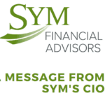 Logo for SYM Financial Advisors with the text "A Message from SYM's CIO." The logo features the word "SYM" in large, green letters with two green swooshes below it, possibly symbolizing steadiness amidst issues like the debt ceiling. The words "FINANCIAL ADVISORS" are written below "SYM" in smaller black text.