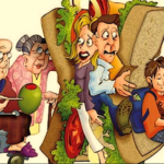 A humorous cartoon showing a family, representing the sandwich generation, squeezed between two large slices of bread and various sandwich fillings. An elderly couple, a woman in a wheelbarrow, a frantic couple, a young boy, and a girl are all hilariously packed together inside the giant sandwich.