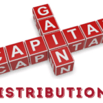 A crossword puzzle made of red and white cubes features the words "CAPITAL" horizontally and "GAIN" vertically intersecting at the letter "A." Below the puzzle, the phrase "FUND DISTRIBUTIONS" is displayed in red, bold, stylized text.