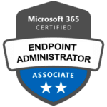 A badge with the text "Microsoft 365 Certified" at the top. Below it, “ENDPOINT ADMINISTRATOR” is written on a white banner, and underneath, the word "ASSOCIATE" appears on a blue section with two white stars.
