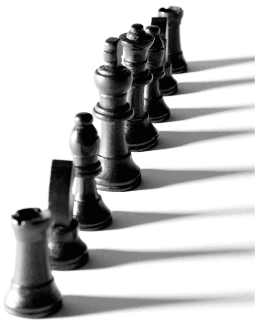 a line up of chess pieces