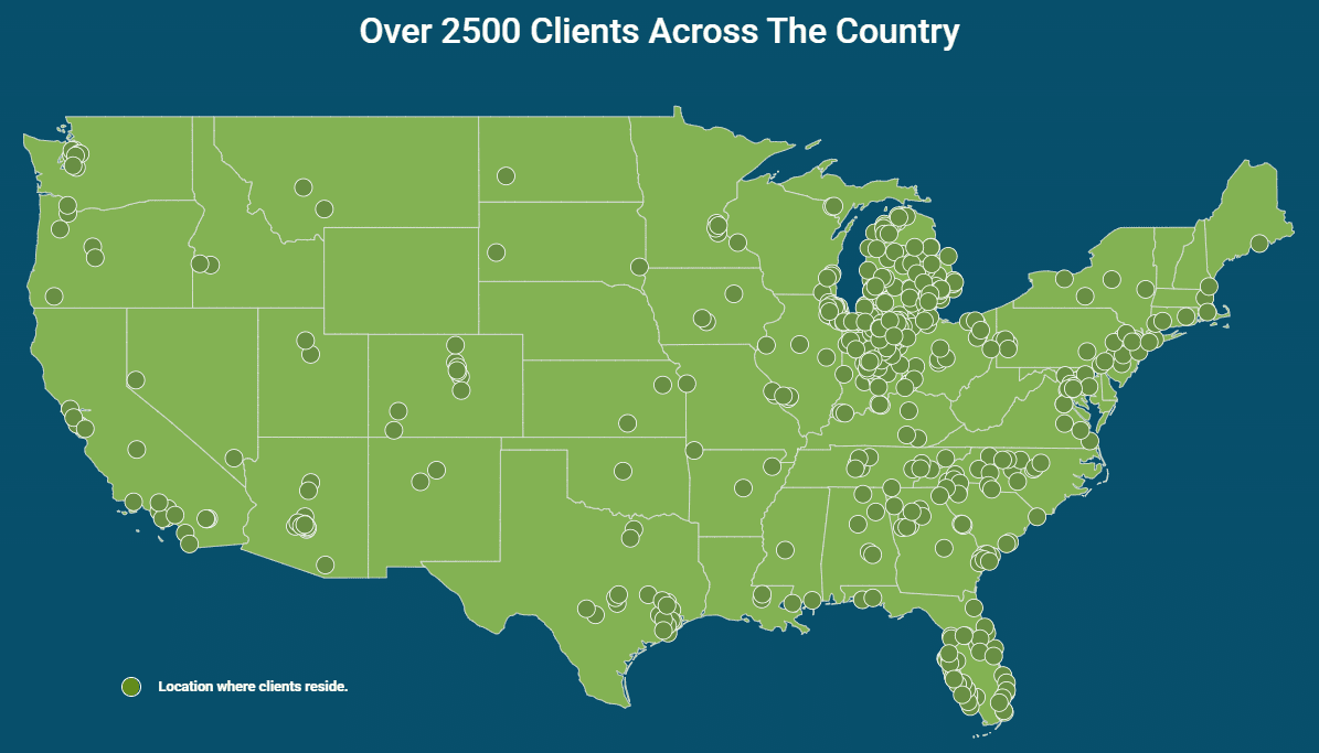 a map of USA with dots indicating where each client resides