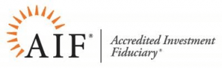 Logo of the Accredited Investment Fiduciary (AIF). The logo features the letters "AIF" accompanied by a stylized sunburst design to the left. To the right, the text reads "Accredited Investment Fiduciary®.
