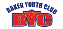 Logo of Baker Youth Club (BYC) featuring bold capital letters "BYC" in red with white and blue outlines. Above the letters, the words "Baker Youth Club" are arched in blue text. The design also includes a small circled "Y.