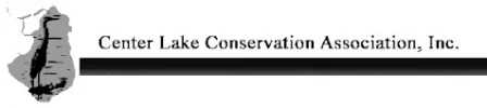 Logo of Center Lake Conservation Association, Inc. featuring a silhouette of a heron standing in water with reeds, displayed on the left side. The organization's name is written in black text on the right, beside a horizontal black line running across the image.