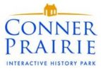 Conner Prairie Interactive History Park logo featuring the name in blue text with a small orange house icon above it.