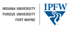 The image displays the logo of Indiana University Purdue University Fort Wayne (IPFW). It features a blue triangular design with stylized rivers and the acronym "IPFW" in large blue letters above the logo. The full name of the university is written to the left.