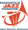 Logo of the Indianapolis Jazz Foundation featuring a red trumpet graphic and text in blue and red that reads "INDIANAPOLIS JAZZ FOUNDATION." Below the graphic, there are three words: "Legacy," "Education," and "Performance.