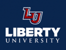The image contains the Liberty University logo with a navy blue background. The initials "LU" are displayed in white and red on the top, and "LIBERTY UNIVERSITY" is written in white capital letters below.