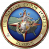 U.S. Marine Corps Forces Reserve emblem. Central design includes an eagle atop a globe with an anchor, the Marine Corps symbol, over a colored star, all set against the USA map in the background. Outer ring reads "U.S. Marine Corps Forces Reserve" on a gold border.