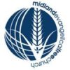 A blue and white logo for Midland Evangelical Free Church. It features a stylized wheat stalk flanked by curved lines and enclosed in a circular design. The text "midlandevangelicalfreechurch" curves around the right side of the circle.