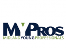 Logo for Midland Young Professionals (MYPros). "MY" is in large dark blue letters with a green triangle between them, and "Pros" follows in the same dark blue. Below, "Midland Young Professionals" is written in green and dark blue uppercase letters.