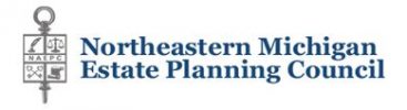 Logo of the Northeastern Michigan Estate Planning Council (NMEPC), featuring a key symbol to the left with four quadrants depicting various estate planning symbols. The text "Northeastern Michigan Estate Planning Council" is written in blue to the right of the key.