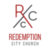 The image shows the logo for Redemption City Church. It features the letters "R," "C," and "C" in a diagonal arrangement. Below the design, the text "Redemption City Church" is displayed in red, capital letters.