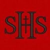 A monogram with the letters "SHS" in black font on a red background. The letter "H" has a small cross integrated into its design.