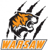 A logo featuring the head of a roaring tiger in black, orange, and white. Behind the tiger are four large claw marks. Below the tiger, the word "WARSAW" is written in bold, uppercase, orange letters with a subtle white outline.
