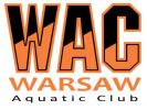 Logo of Warsaw Aquatic Club featuring large black and orange letters 'WAC' with the word 'WARSAW' in orange capital letters beneath it, and 'Aquatic Club' in smaller black letters at the bottom.