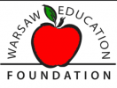A logo featuring a red apple with a green leaf at the top. The words "Warsaw Education" arch over the apple, and "Foundation" is written below it, with a horizontal line separating the upper and lower text.
