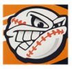A stylized cartoon drawing of a baseball with an angry expression depicted by furrowed brows and clenched teeth. The baseball has red stitching and is set against an orange background.