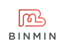 A minimalist logo for BINMIN featuring a stylized, interconnected "B" and "M" in gradient shades of red and orange above the word "BINMIN" written in capitalized, gray letters.