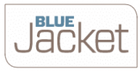 The image is a logo with the words "BLUE Jacket" written on a white background. "BLUE" is in uppercase, blue-colored letters, while "Jacket" is in larger, brown-colored, lowercase letters. The text is placed within a shape that has a curved edge on the top right corner.