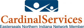 Logo for Cardinal Services, an Easterseals Northern Indiana Network Member. The logo features two white abstract human figures with outstretched arms on a blue background above the text "Cardinal Services" in orange and "Easterseals Northern Indiana Network Member" in blue.