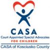 Logo for CASA of Kosciusko County, featuring a stylized figure with a heart shape above it. Text reads: CASA - Court Appointed Special Advocates - For Children. At the bottom, it says "CASA of Kosciusko County.