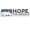 Logo of H.O.P.E. for Animals Spay/Neuter & Wellness Clinic. The logo features three white cartoon animals' faces against a blue background with orange paw prints. "H.O.P.E. for Animals" is written in bold black text beside the image.