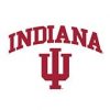 The image shows the Indiana University logo. The logo features the word "INDIANA" in red, arched over a stylized red "IU" monogram, which combines the letters I and U. The overall design is clean and bold.