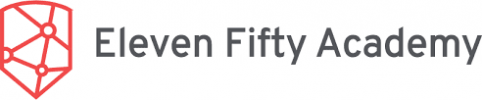 The image shows the logo of Eleven Fifty Academy. On the left, there is a geometric red icon resembling a circuit blueprint or network connected by nodes. To the right of the icon, the text "Eleven Fifty Academy" is written in gray.