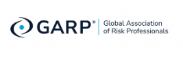 The logo represents the Global Association of Risk Professionals (GARP). It consists of the acronym "GARP" in bold, dark blue letters, followed by a vertical line and the organization's full name in smaller text. A stylized blue dot and circular design appear to the left of "GARP.