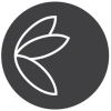 A circular gray logo with a minimalist white design in the center, resembling three intersecting leaf shapes. The leaves are outlined and placed to form a slightly curved, organic shape.