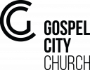 Black logo for Gospel City Church, featuring a stylized "G" composed of three curved lines forming a semi-circle on the left, with the church name stacked to the right in bold, uppercase letters.