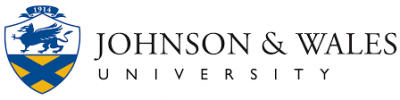 Logo of Johnson & Wales University. The logo includes a blue and yellow shield with a griffin on the left and the year 1914 above it. The name "Johnson & Wales University" is written to the right of the shield in black text.