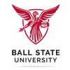Logo of Ball State University featuring a red, stylized representation of a winged figure holding a torch in one hand and a laurel branch in the other, with the text "Ball State University" below it.