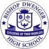 A circular emblem for Bishop Dwenger High School. The emblem features a shield with various symbols, a crown on top, and the words "CITIZENS OF TWO WORLDS" beneath the shield. The school name encircles the logo with two stars on either side.