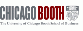 Logo of The University of Chicago Booth School of Business. The text reads "CHICAGO BOOTH" with "CHICAGO" in gray and "BOOTH" in maroon.  To the right, there's a shield featuring an eagle and book with Latin mottos. Below, the full name of the school is written in gray.