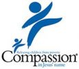 A blue logo depicts two abstract human figures, one larger leaping upwards and one smaller. Text below reads, "Releasing children from poverty. Compassion in Jesus' name.