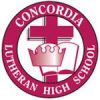 The image is the logo of Concordia Lutheran High School. It features a red cross, a crown, and an open book within a circular red border. The text around the circle reads "Concordia Lutheran High School.