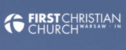 Logo of First Christian Church in Warsaw, Indiana. The design includes a stylized white cross on the left, with the church's name in bold white lettering to the right. The background is solid blue.
