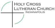Logo of Holy Cross Lutheran Church in Indianapolis. Features a black cross with partial green curves on its upper left and lower right, forming a semi-circle around the cross. The name of the church is written to the right of the cross in black and gray text.