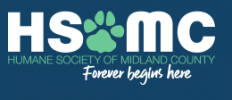 Logo for the Humane Society of Midland County. The acronym "HSMC" is in large white letters with a green paw print replacing the "O" in "of." Below the acronym, the text reads "Humane Society of Midland County" and "Forever begins here" on a blue background.