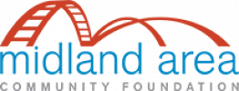 Logo of Midland Area Community Foundation with stylized red arches and blue text. "Midland Area" is written in lowercase blue letters, while "Community Foundation" is written in uppercase blue letters below.