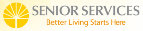 A logo for Senior Services featuring a yellow sunburst graphic on the left, with the text "SENIOR SERVICES" in gray and "Better Living Starts Here" in orange on the right.