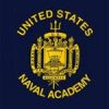 Emblem of the United States Naval Academy featuring a blue background with yellow text and a detailed crest in the center. The text "United States Naval Academy" surrounds the crest, which includes symbols such as a trident and an anchor.