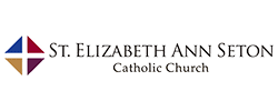 The image shows the logo of St. Elizabeth Ann Seton Catholic Church. The logo features a geometric symbol with four sections in red, blue, and gold, to the left of the church name written in uppercase letters. "Catholic Church" is written below the name.