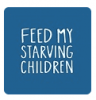 A blue square with rounded corners featuring the white text "FEED MY STARVING CHILDREN" in the center. The font is handwritten-style, giving a personal touch to the message.