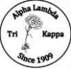 A circular black and white logo with the text "Alpha Lambda," "Tri Kappa," and "Since 1909." In the center, there is an illustration of a flower.